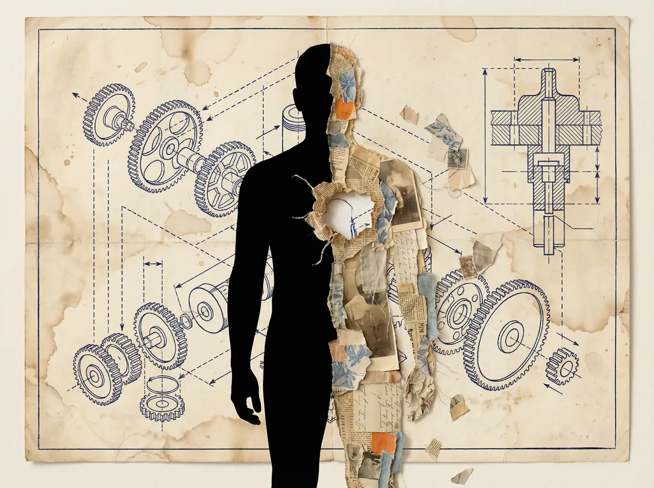 A silhouette split between shadow and collage — the self as blueprint, the pattern as mechanism